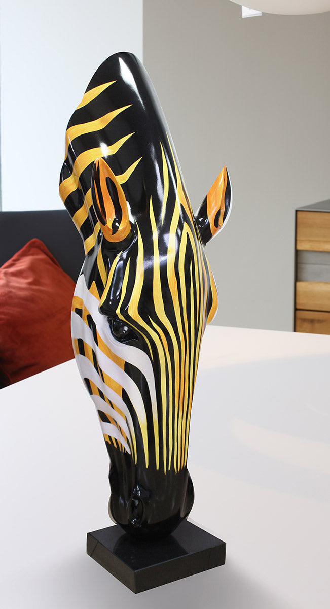 Skulptur Zebrakopf Kunstharz Marmor Orange Schwarz Weiß 50cm