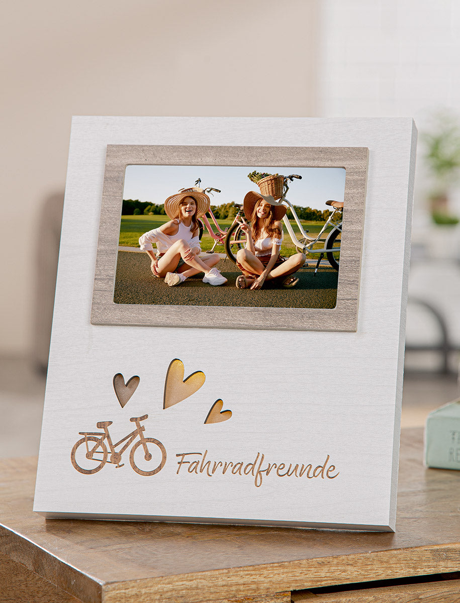 Fahrradliebe Fotorahmen LED Fahrradfreunde Weiß Braun 25cm