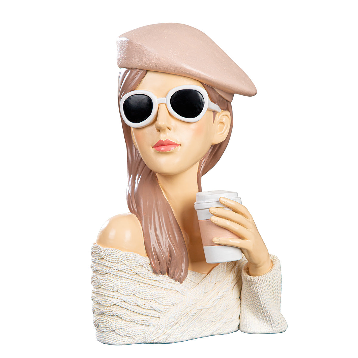 Decoratieve buste Lady Adeline met zonnebril en koffiemok