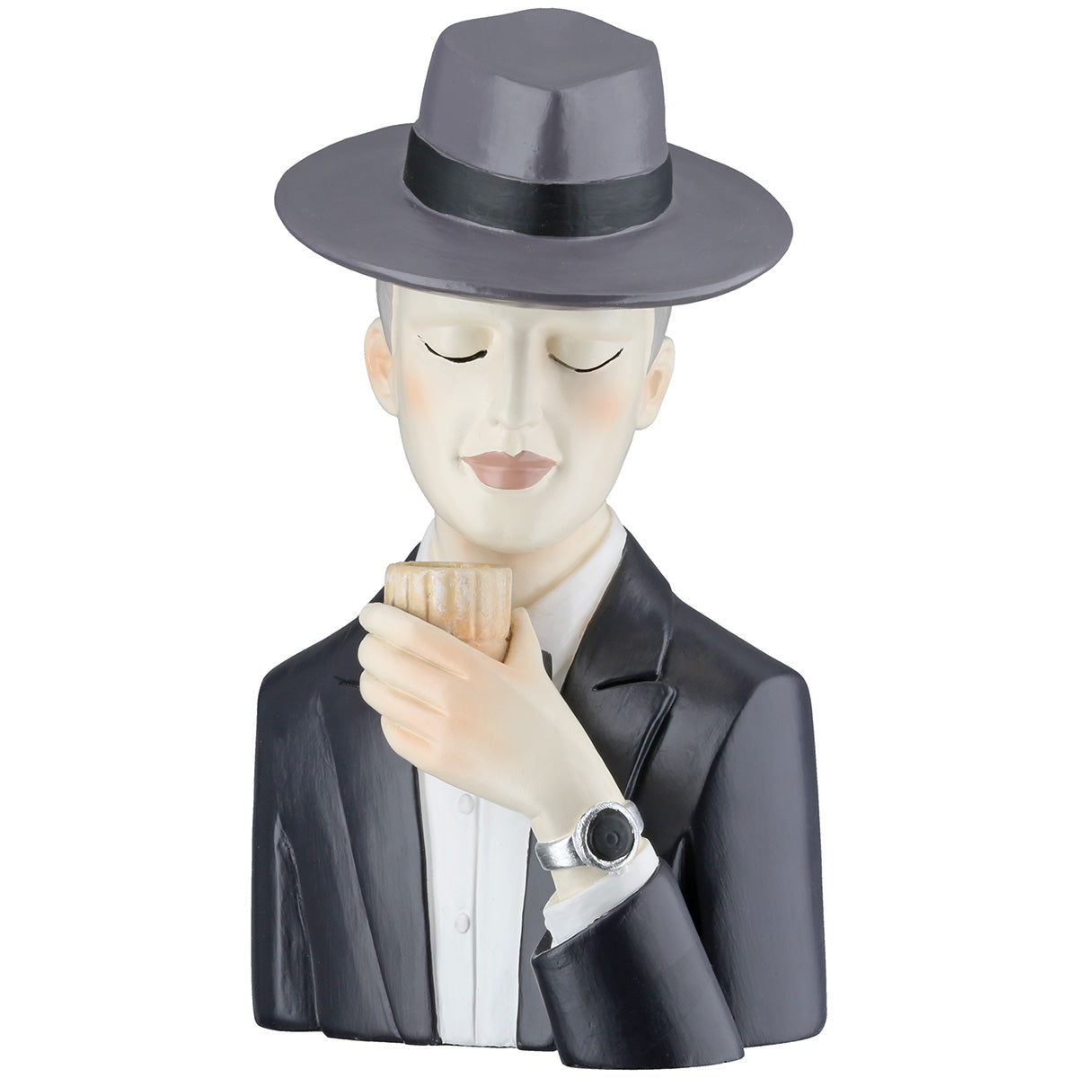 Dekofigur Gentleman mit Whiskyglas Handbemalt Schwarz Grau 19cm