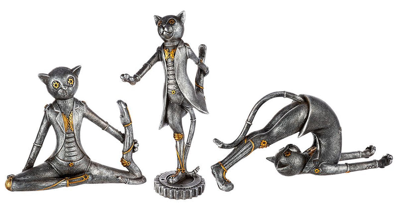 3tlg Poly Steampunk Skulptur Yoga Katzen - Eine Fusion von Kunst und Spiritualität