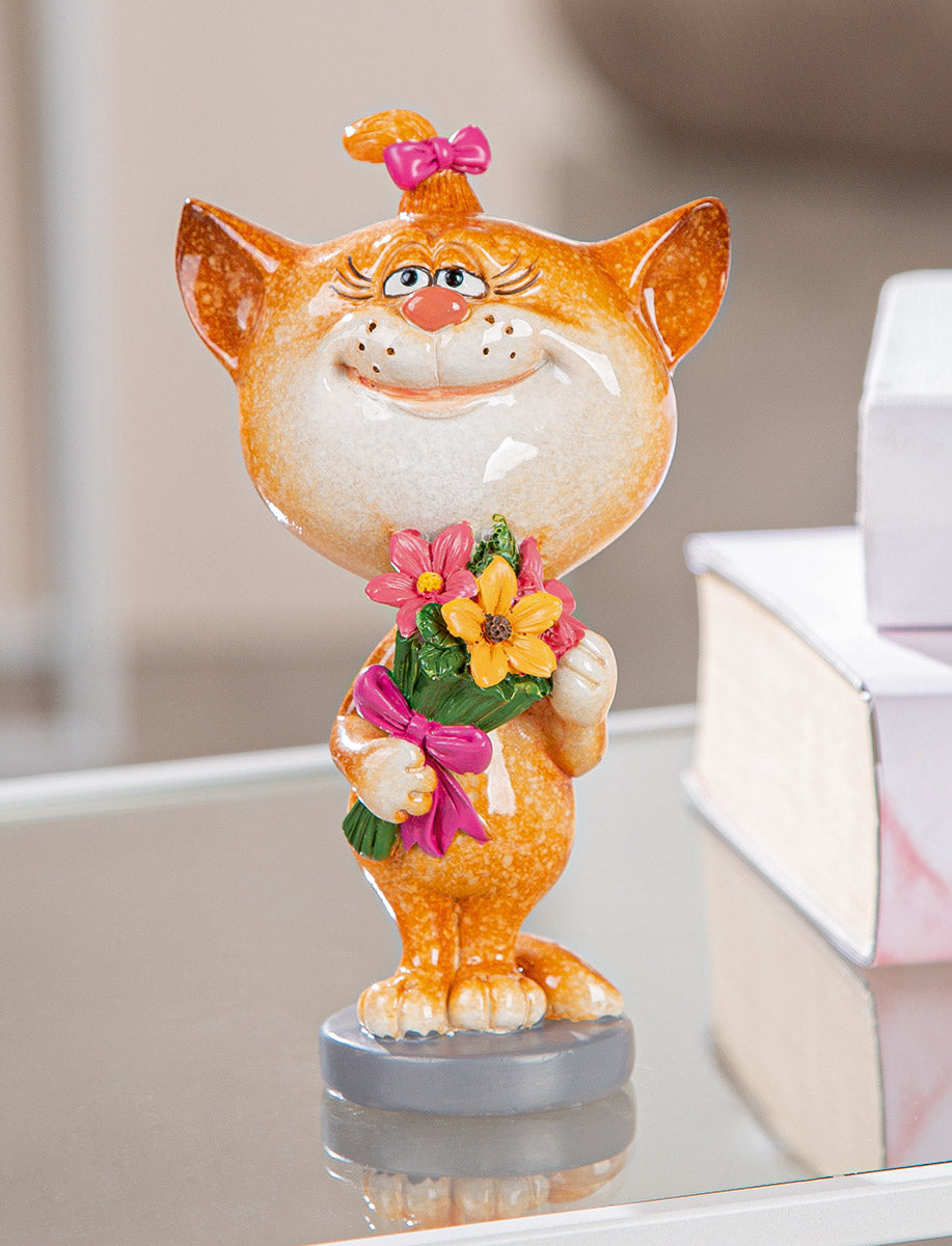 Dekofigur Luckycat Blumenkatze Orange in Geschenkbox