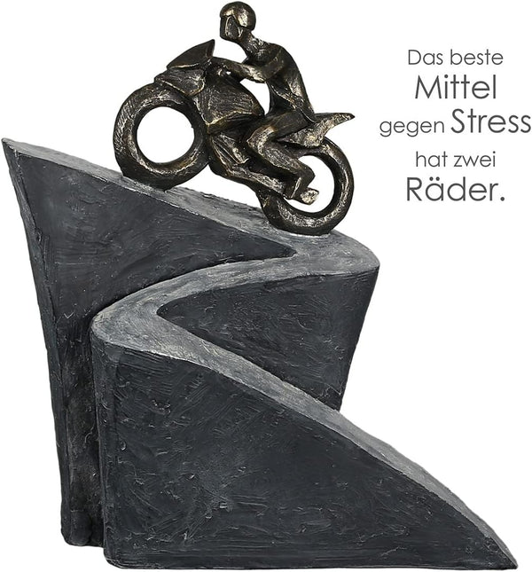 Skulptur 'Uphill' - Bronzefarbener Motorradfahrer, Kunstharz, 29x30x7cm mit Spruchkarte
