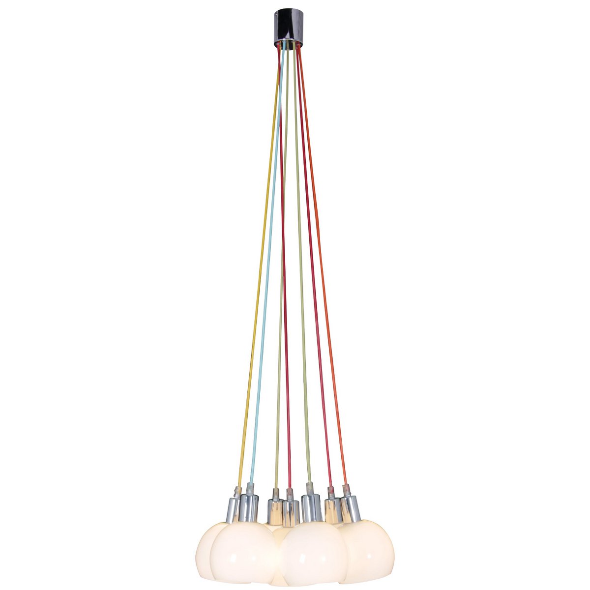 Pendelleuchte "RAINBOW-BOWL" insgesamt 120 cm hoch, 7 Glasschirme Ø 16 cm, aus chromfarbenem Metall, opalweißem Glas und bunten Zuleitungen, E14-Fassungen