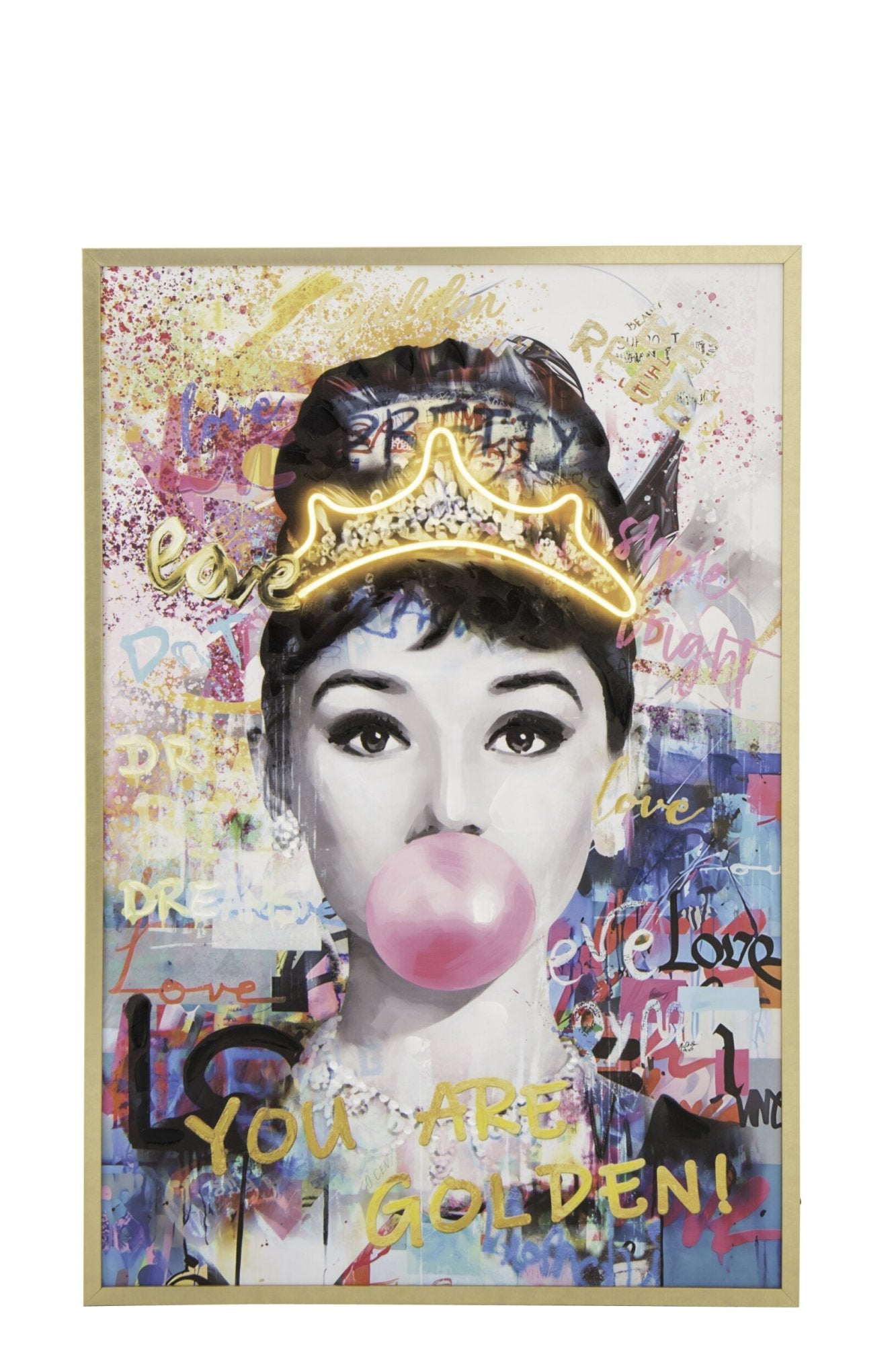 Wandbild LED Lady Bubble Pop Art Golden Crown 123x83cm