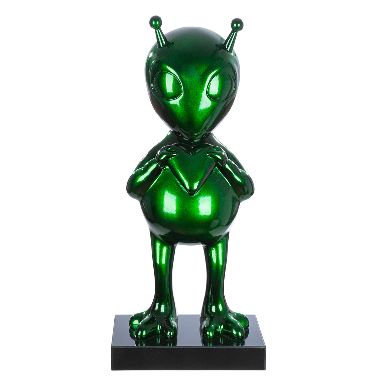 Alien Design Skulptur gruen Hochglanz aus Kunstharz mit Marmorbasis