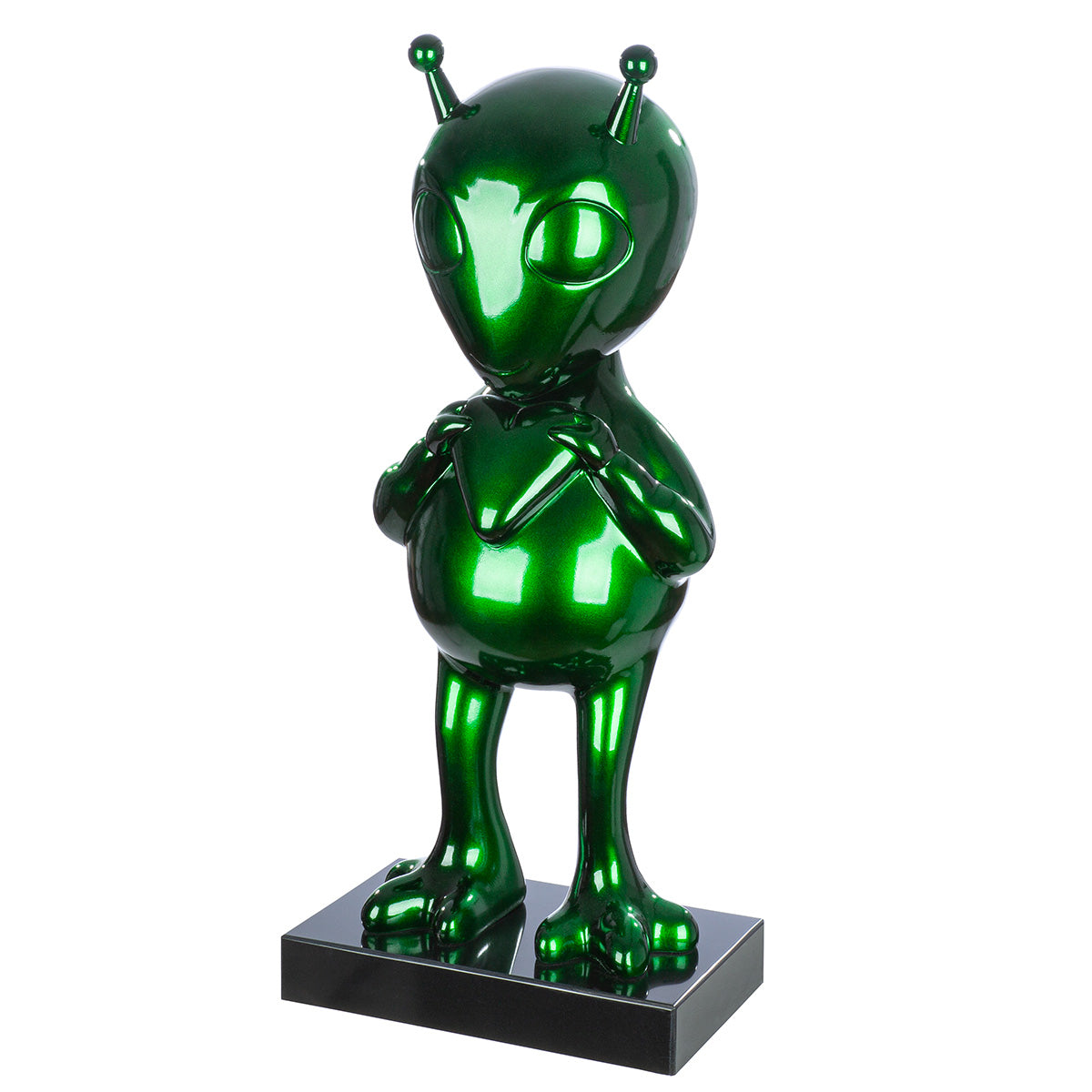 Alien Design Skulptur gruen Hochglanz aus Kunstharz mit Marmorbasis