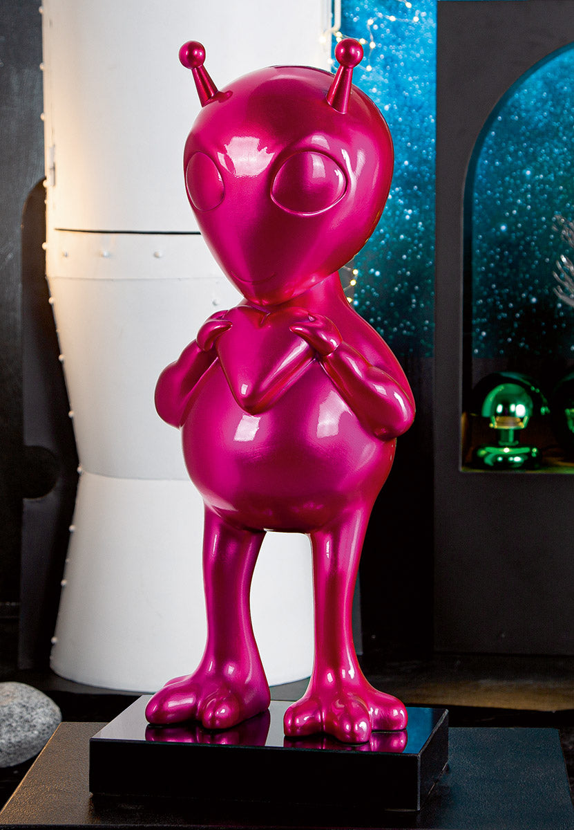 Alien Design Skulptur pink Hochglanz aus Kunstharz mit Marmorbasis