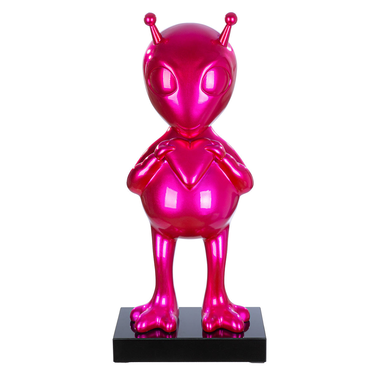 Alien Design Skulptur pink Hochglanz aus Kunstharz mit Marmorbasis