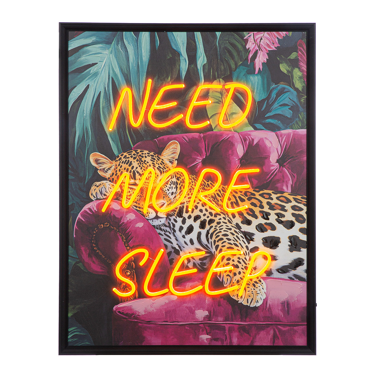 Leinwandbild Need more sleep Leopard LED modern Schriftzug 63x83 cm