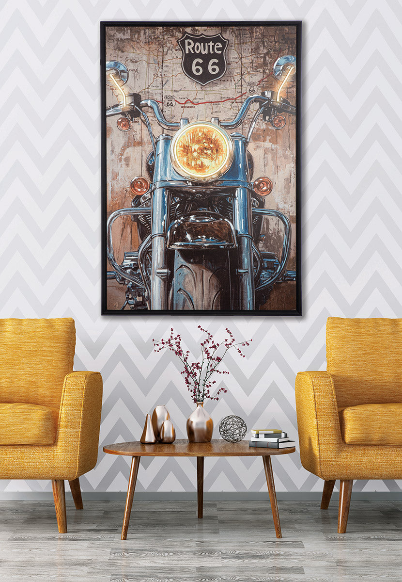 Leinwandbild Motorrad Route 66 LED Vintage Motorrad Höhe 123 cm