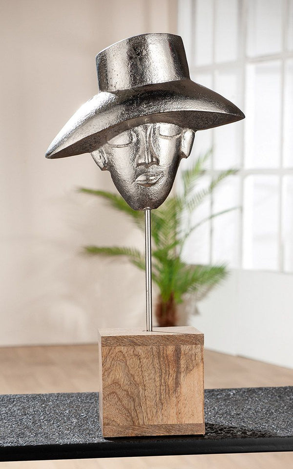 Skulptur 'Luca' – Ein markantes Aluminium-Gesicht auf edler Holzbasis | Moderne Kunst mit Charakter