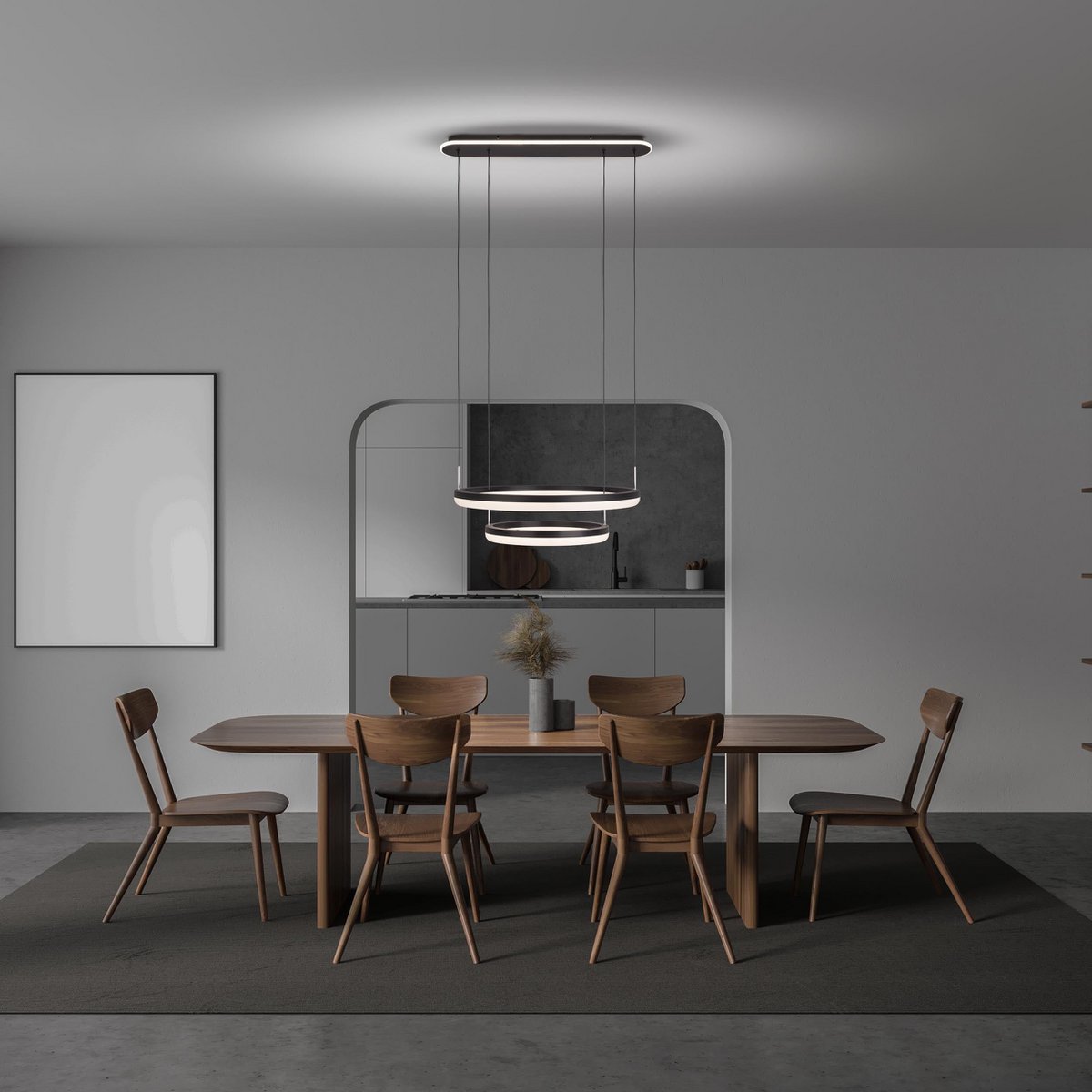 LED-CCT-Pendelleuchte "CIRCULO" aus schwarzem Metall und sandfarbenem Kunststoff, mit integrierter LED und vielen Funktionen, Ø 60 cm, 150 cm hoch.
