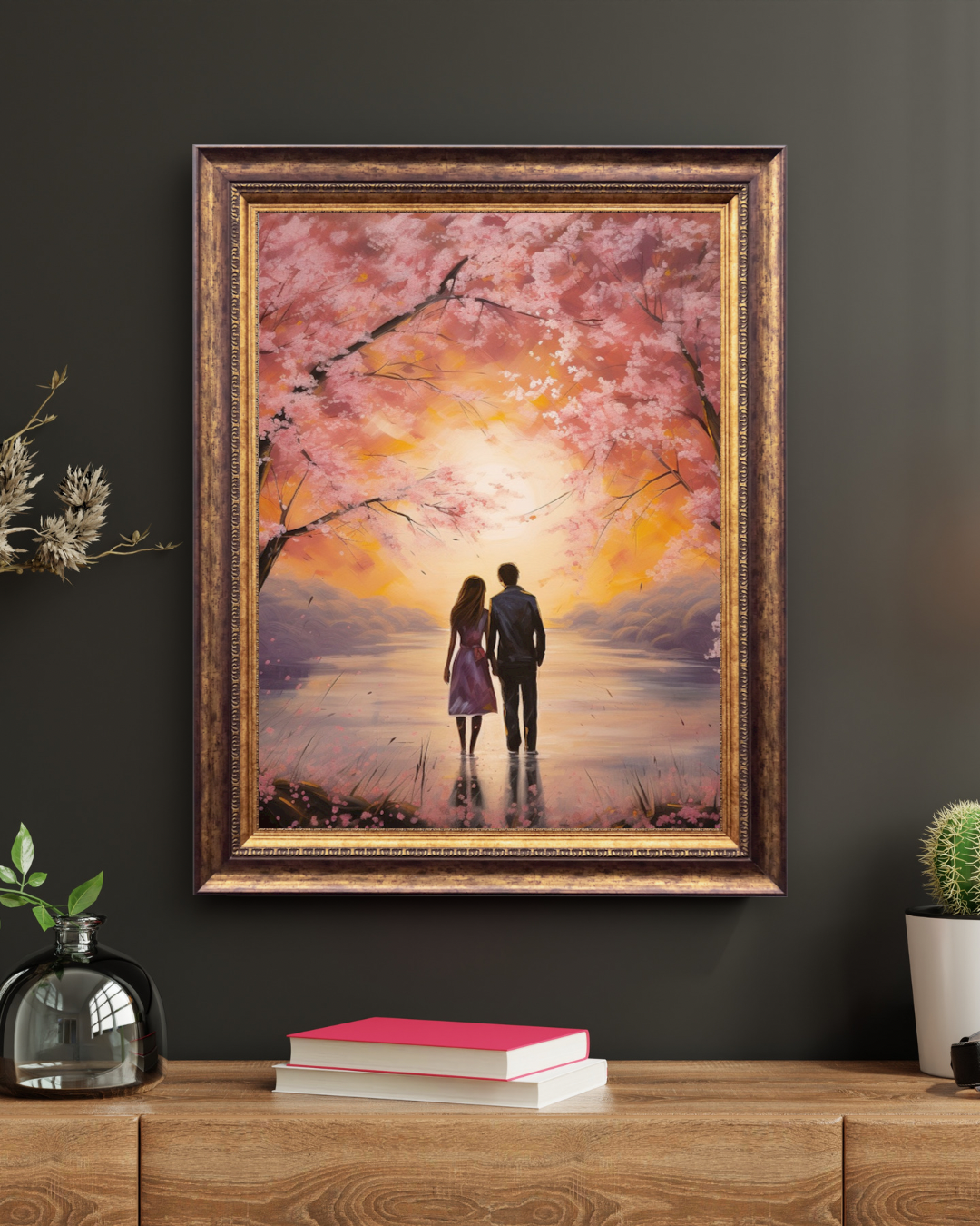 MF Romantische canvas wandafbeelding - Verliefd stel onder een kersenbloesemboom