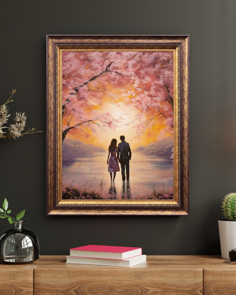 MF Romantisches Leinwand Wandbild - Verliebtes Pärchen unter einem Kirschblütenbaum