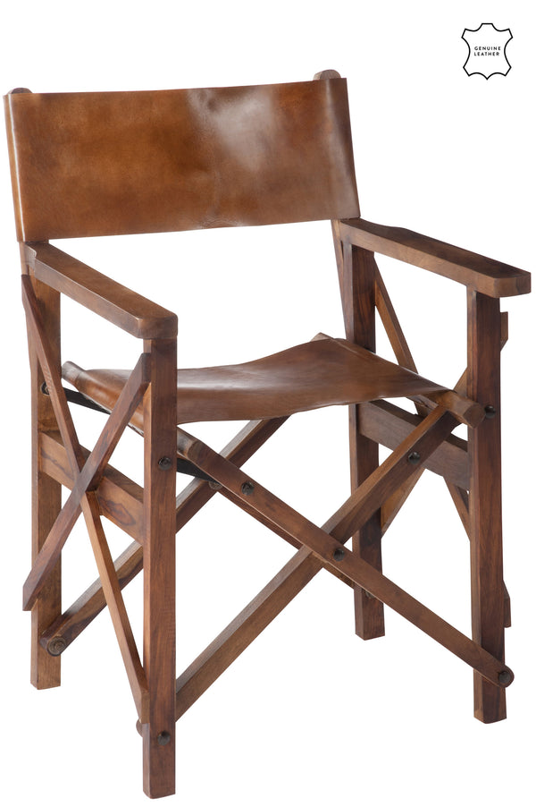 Regiestoel klapstoel - Een combinatie van kostbaar hout en luxe leer in cognac