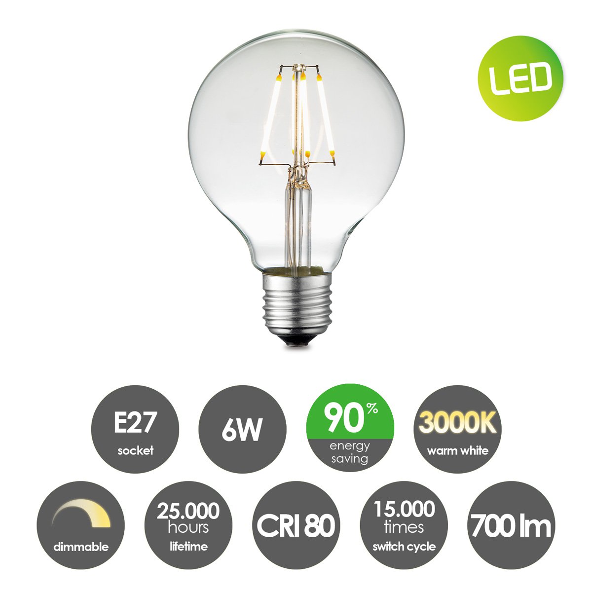 Home Sweet Home dimmbare LED Globe Deco E27 G95 6W 700Lm 3000K Klar