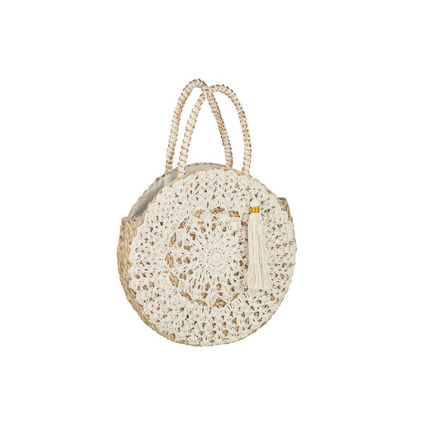 Round jute beach bag with seagrass and lace details