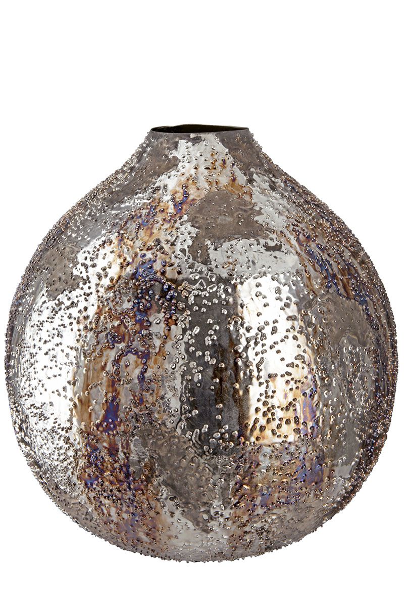 Charmante Bauchige Metall Deko Vase 'Pavone' - Kunstvoll in Metallic Blau & Braun Tönen, 28cm Hoch