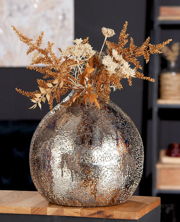 Charming bulbous metal decorative vase 'Pavone' - artistic in metallic blue &amp; brown tones, 28cm high