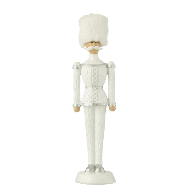Weißer Nussknacker mit Fellhut und Silberakzenten – 32 cm Polyresin Figur
