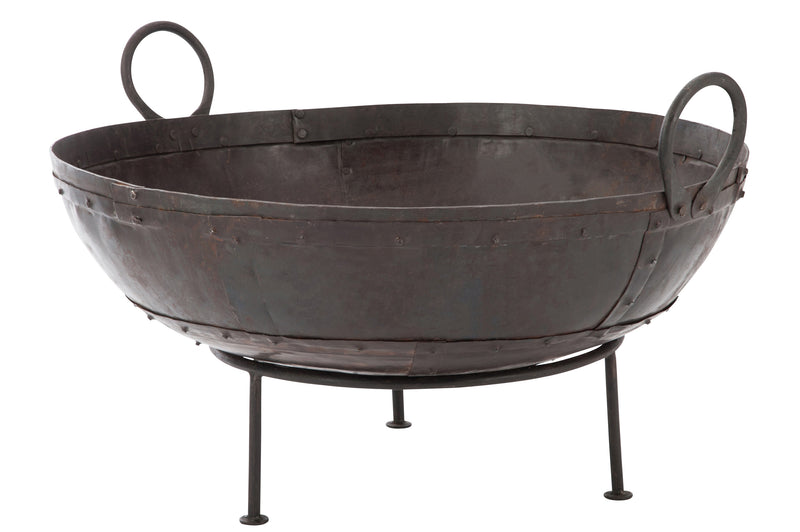 Handmade Metal Round Garden Fire Pit Dark Brown with Grab Handles