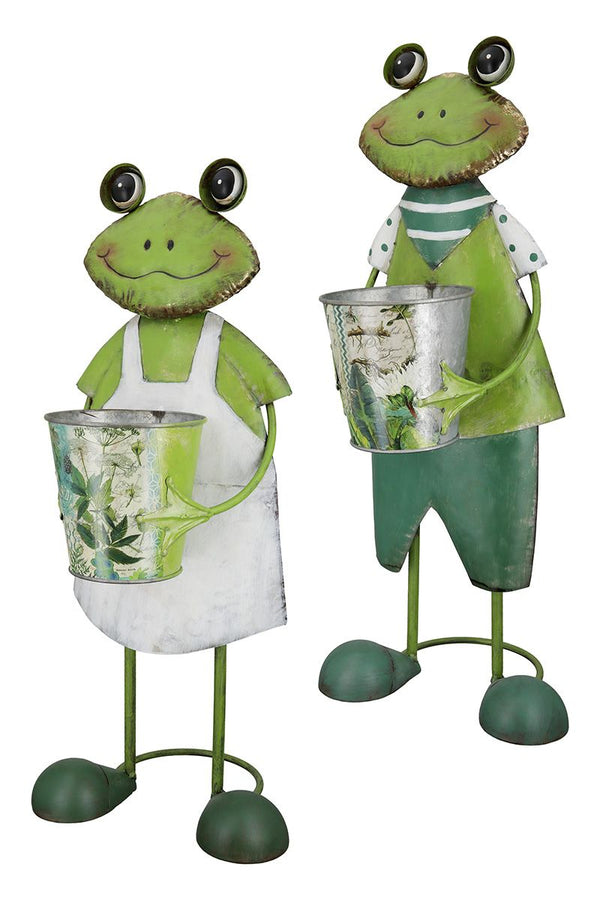 Metall-Pflanztopf-Set 'Franz & Frida', Handgefertigtes Froschpaar mit Pflanzenmotiv