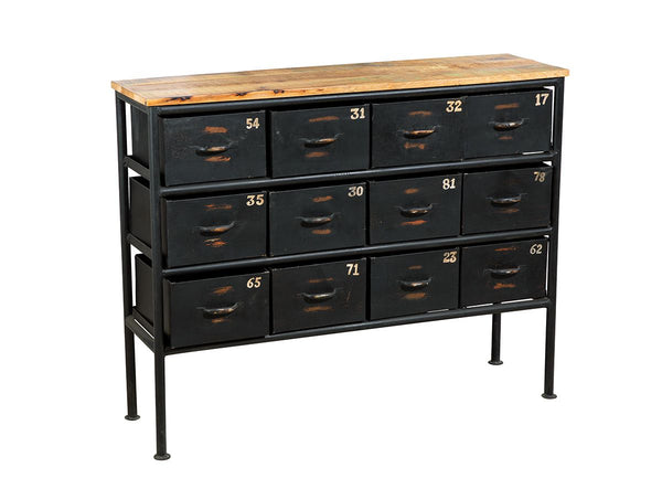 Metal chest of drawers Numero - Handcrafted chest of drawers with mango wood top and 12 drawers