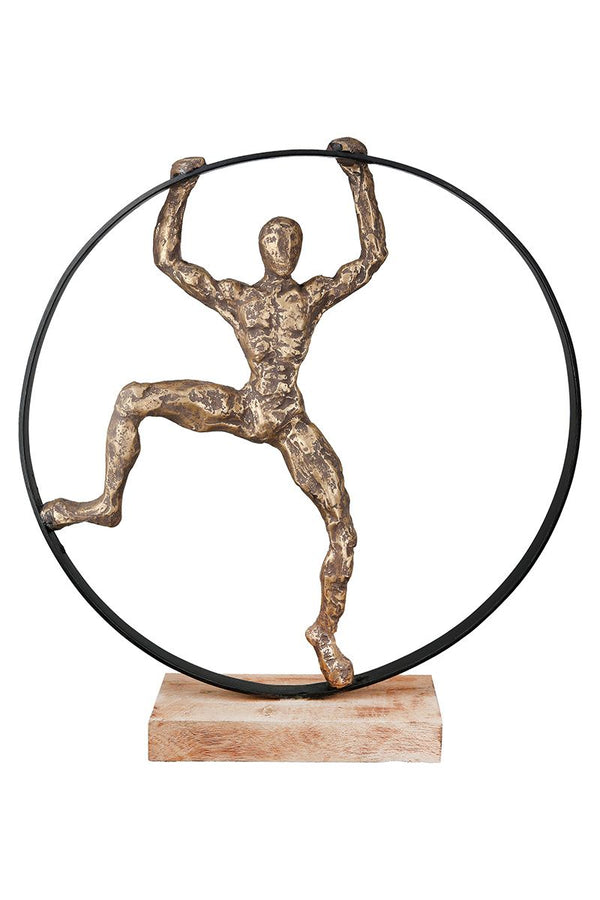 Aluminium Pose Skulptur – Energievolles Mannmotiv in runder Form auf Holzbasis