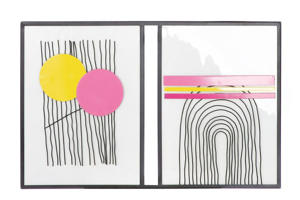 Moderne foto in geel roze zwart wit met zwart metalen frame