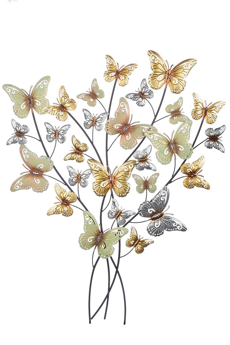 2er Set Wandrelief 'Schmetterling-Strauß' - Elegante Wanddekoration in Grün/Schwarz mit Gold-/Silberakzenten, 75x91 cm
