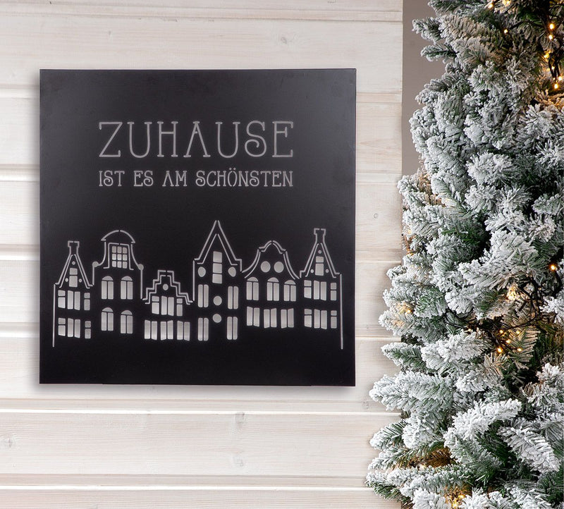 2er Set Wandrelief Stadtlichter – Metall, Schwarz mit Hausmotiv und Spruch