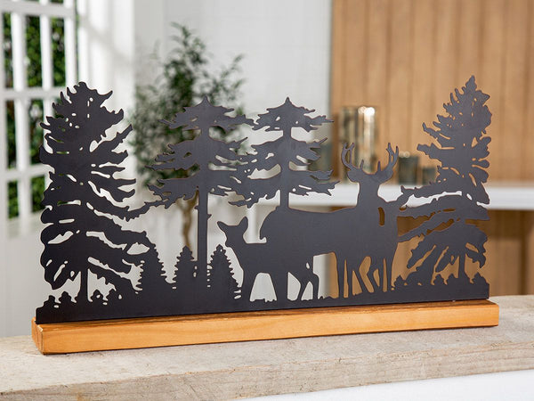 2er Set Standrelief "Hirsche im Wald" – Metallkunst auf Holzbase, Dunkelbraun/Natur