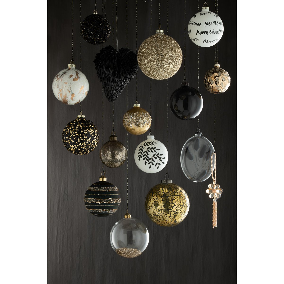 J-Line Weihnachtskugel Pailletten – Glas – Schwarz/Gold – mittel – 4er-Box