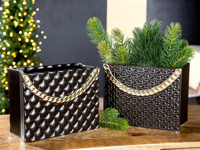 Designer ceramic vase 'Rome' in handbag shape with chain handle - 20x25.5 cm black