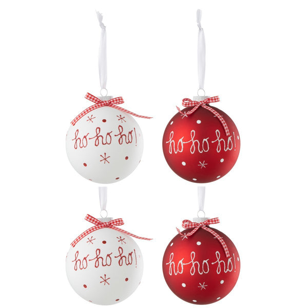 Set of 4 Christmas balls with "Ho Ho Ho" and snowflakes in red and white - 10 cm, glass