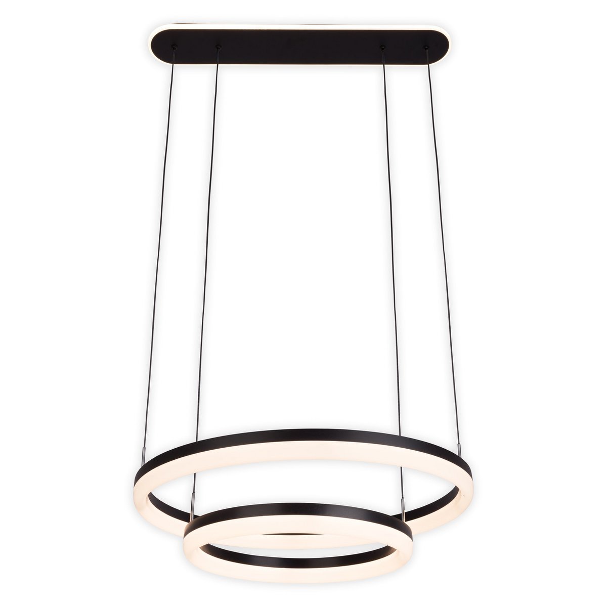 LED-CCT-Pendelleuchte "CIRCULO" aus schwarzem Metall und sandfarbenem Kunststoff, mit integrierter LED und vielen Funktionen, Ø 60 cm, 150 cm hoch.