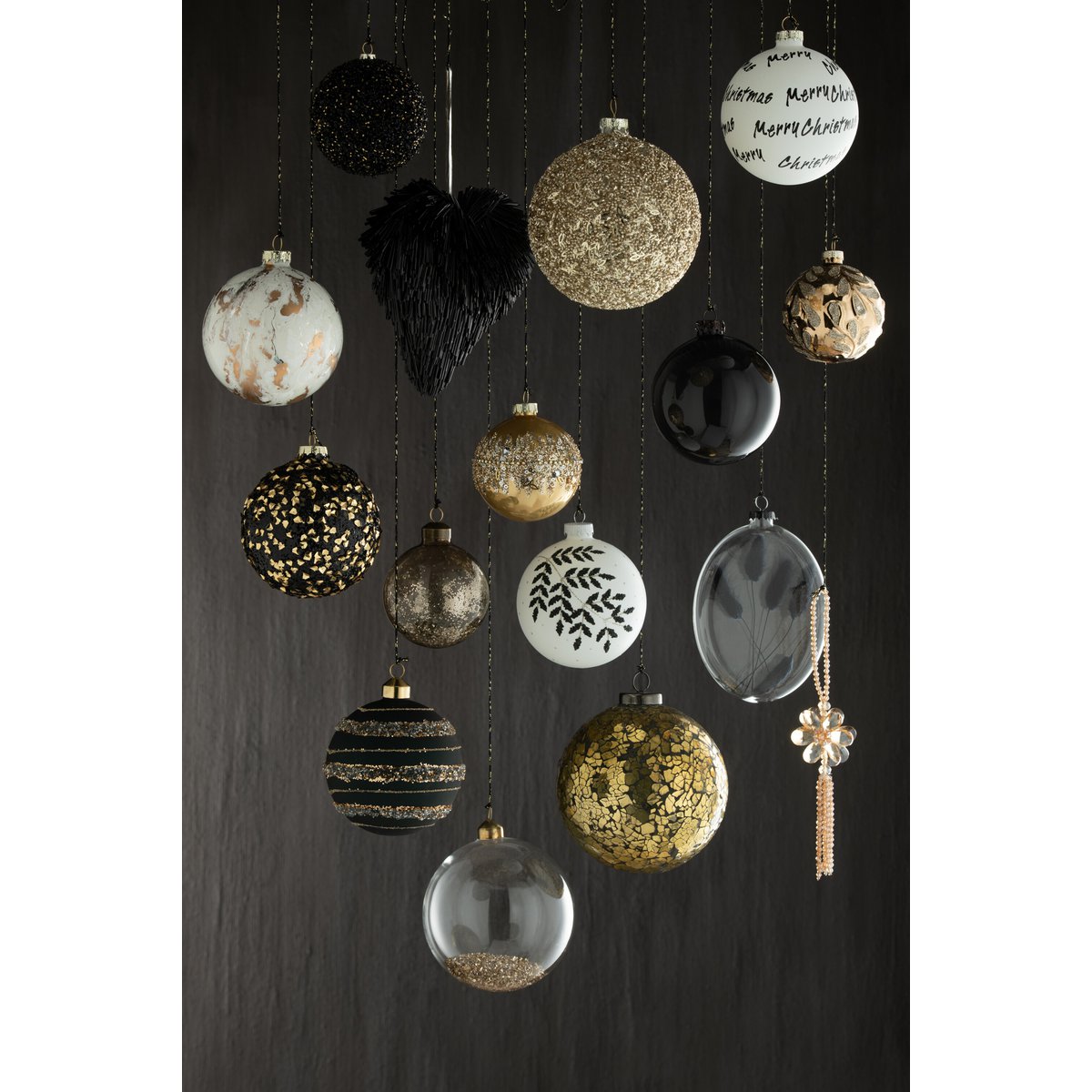 Doos met 4 kerstballen, 2+2, effen, transparant, zwart, medium