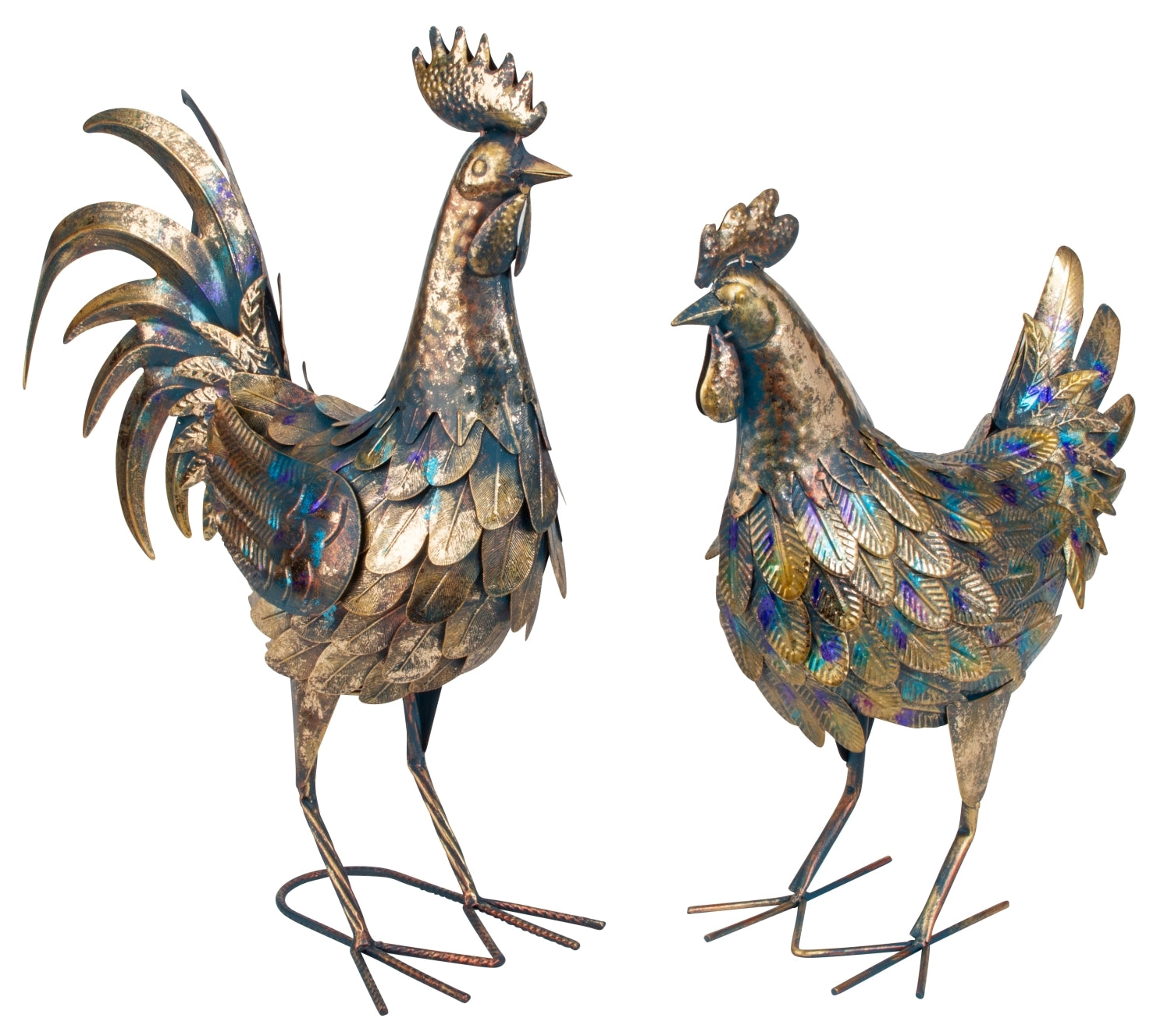 Metall Hahn Henne Bauernhofstil blau gold Gartendeko 2er Set