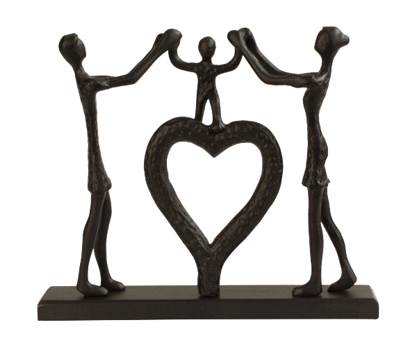Familiehartsculptuur - ouders met kind, zwart, 32cm