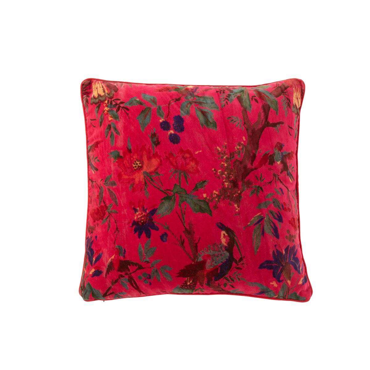 J-Line cushion birds/flowers cotton velvet pink