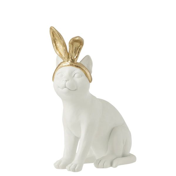 Easter decoration cat with rabbit ears made of polyresin gold white 28 cm