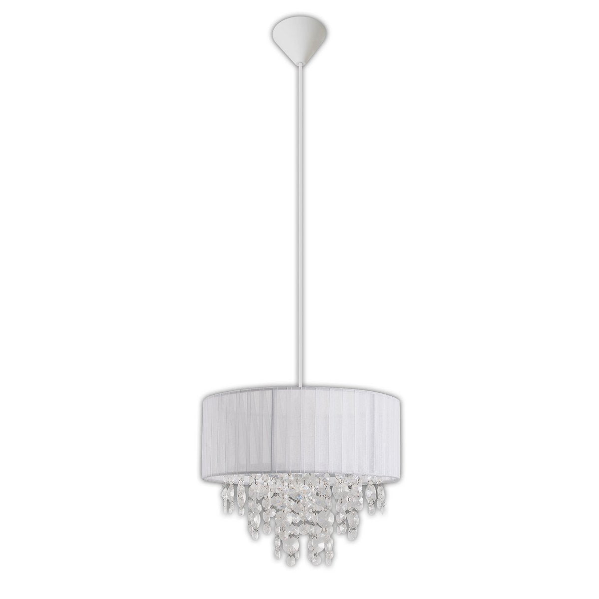 Deko-Pendelleuchte "KRISTALLO", Hängelampe aus Metall, transparentem Kunststoff und weißem Textilmaterial, E27-Fassung, für Esszimmer, Wohnzimmer, Diele oder Büro, 30 cm Durchmesser