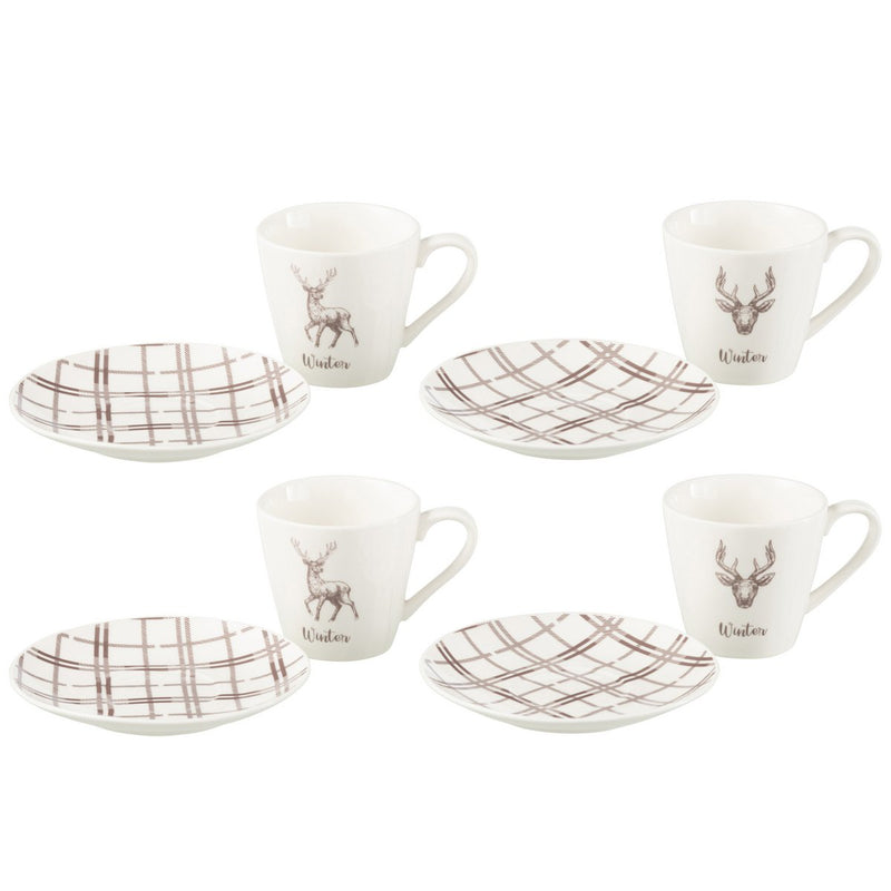 Set van 4 theekopjes en schotels rendiermotief witbruin