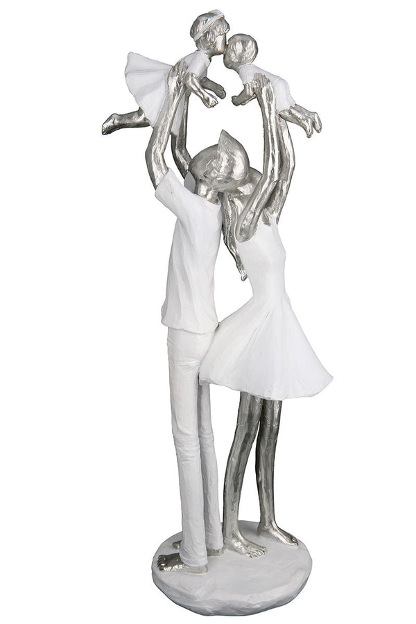 Familienzeit - Poly Skulptur eines Paares mit Zwei Kindern in Weiß und Silber
