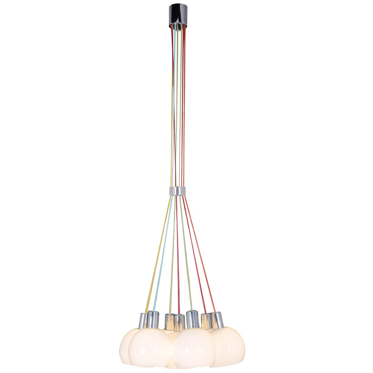 Pendant light "RAINBOW-BOWL" total height 120 cm, 7 glass shades Ø 16 cm, made of chrome-colored metal, opal white glass and colored cables, E14 sockets