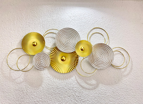 3D wanddecoratie Sixo Gold Edition cirkels metalen afbeelding 83x38 cm goud crèmewit