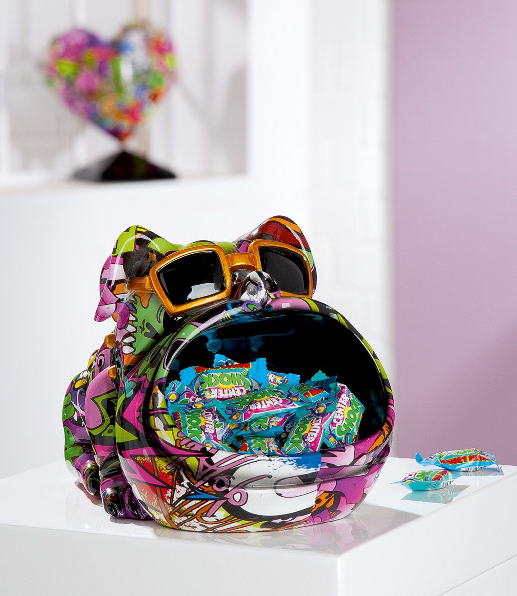 Dekoschale Hund "Magento" - Bunte Graffiti-Design, Innen Schwarz, 24cm x 17cm x 17cm