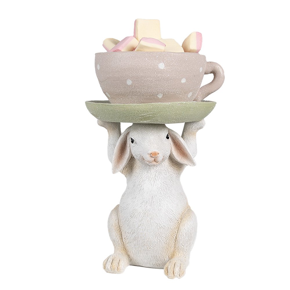 Beeldhouwwerk Konijn met Koffiemok Beige Roze