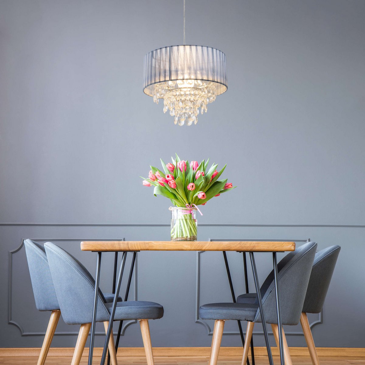 Decorative pendant light "KRISTALLO", hanging lamp made of metal, transparent plastic, and gray textile material, E27 socket, for dining room, living room, hallway, or office, 30 cm diameter